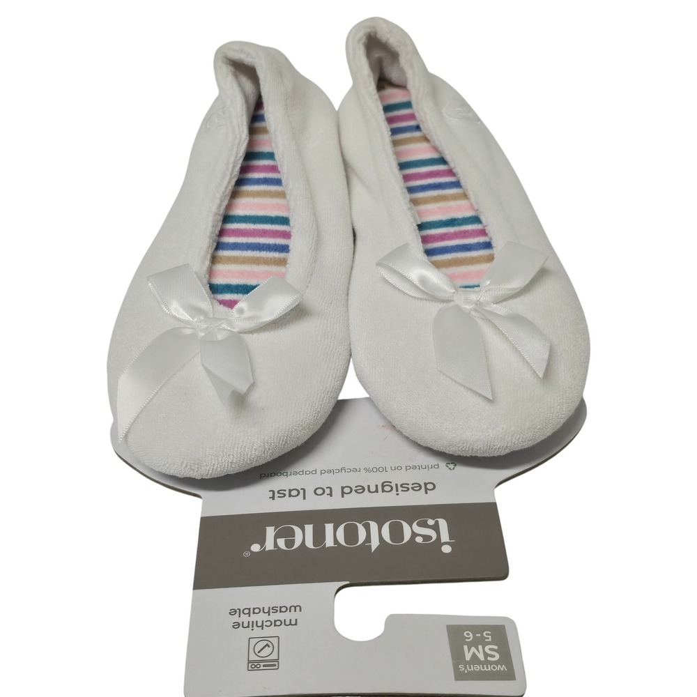 Isotoner Womens White Terry Ballerina Slippers Satin Bow Striped SM 5-6. NWT